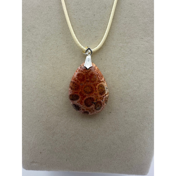 Orange and Beige Fossil Coral Teardrop Pendant Necklace - Picture 5 of 7
